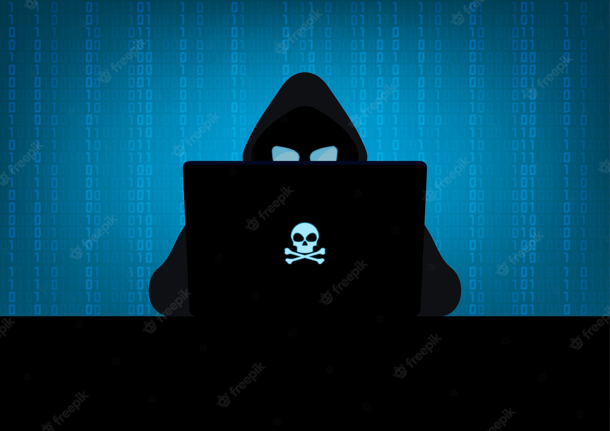 hacker-using-laptop-silhouette-with-skull-crossbones-logo-blue-binary-code-background_49941-125